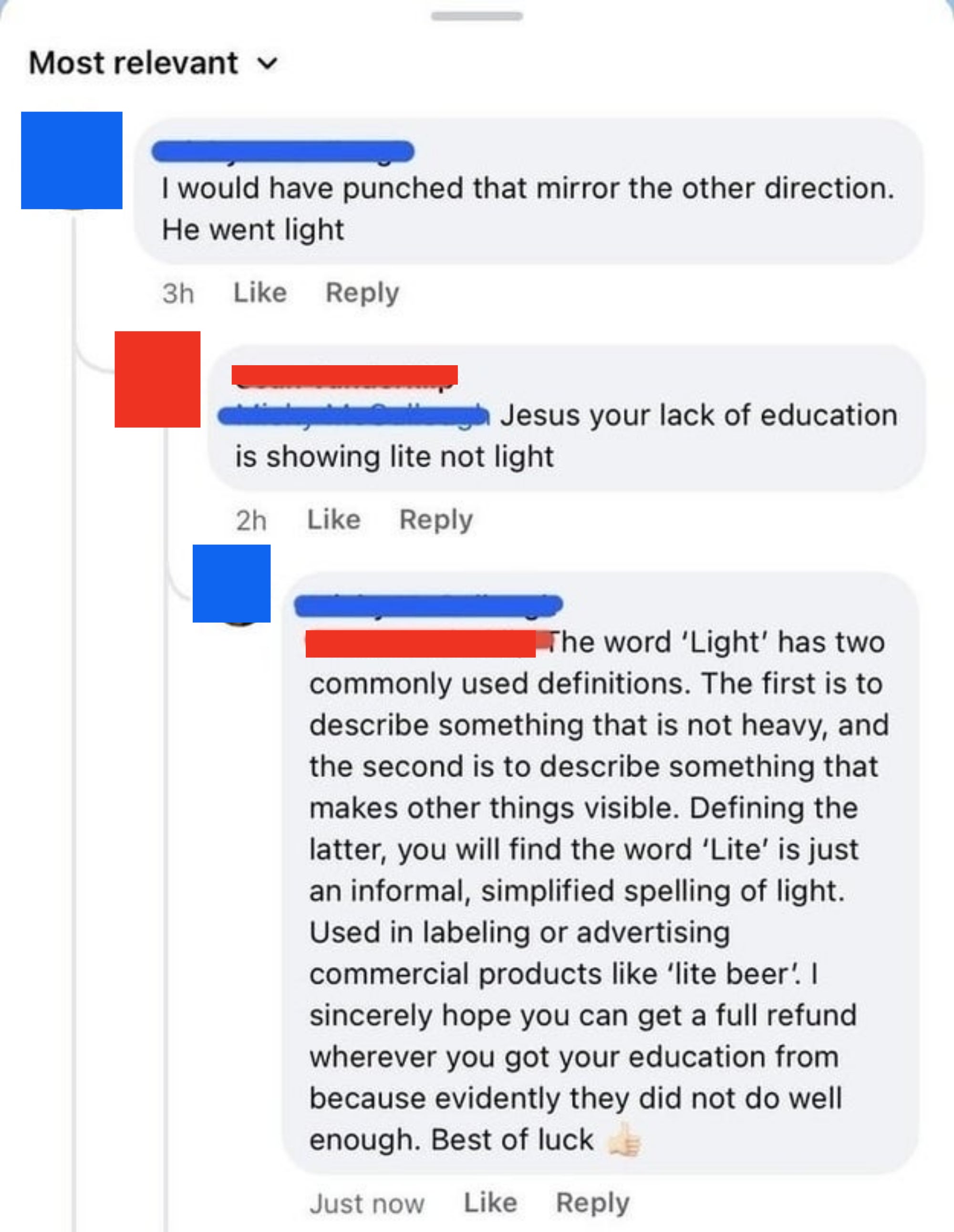 Commenter arguing that the correct spelling is &quot;lite,&quot; not &quot;light&quot;