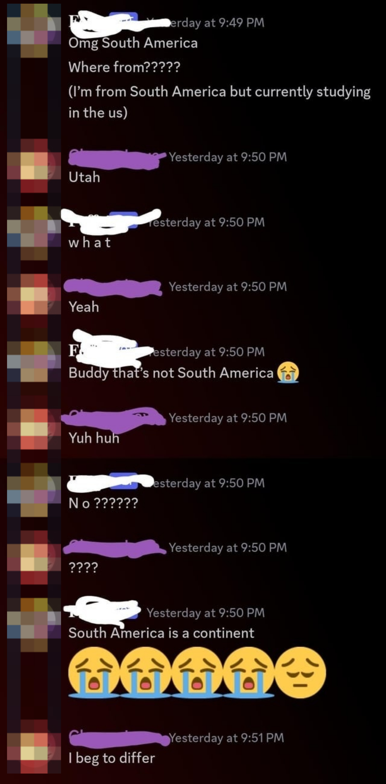 A screenshot of a humorous exchange where one person doesn&#x27;t realize South America is a continent and Utah isn&#x27;t in it