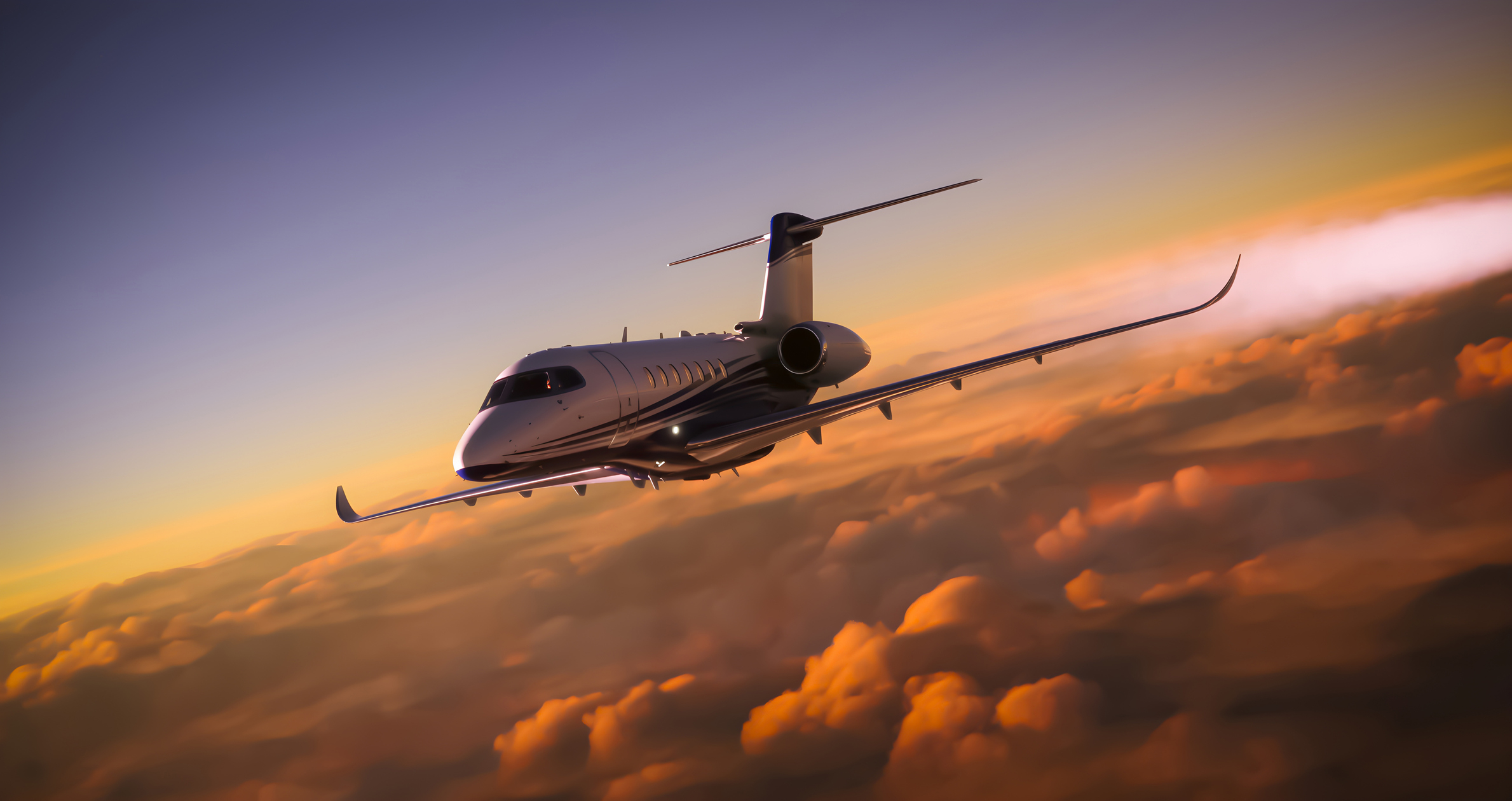 Private jet flying above clouds at sunset, indicating luxury business travel or private wealth