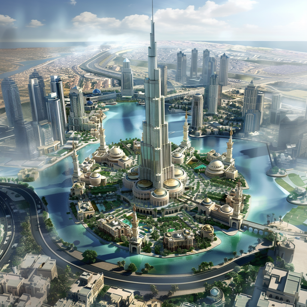 Illustration of a futuristic city with a tall central skyscraper surrounded by water and other buildings