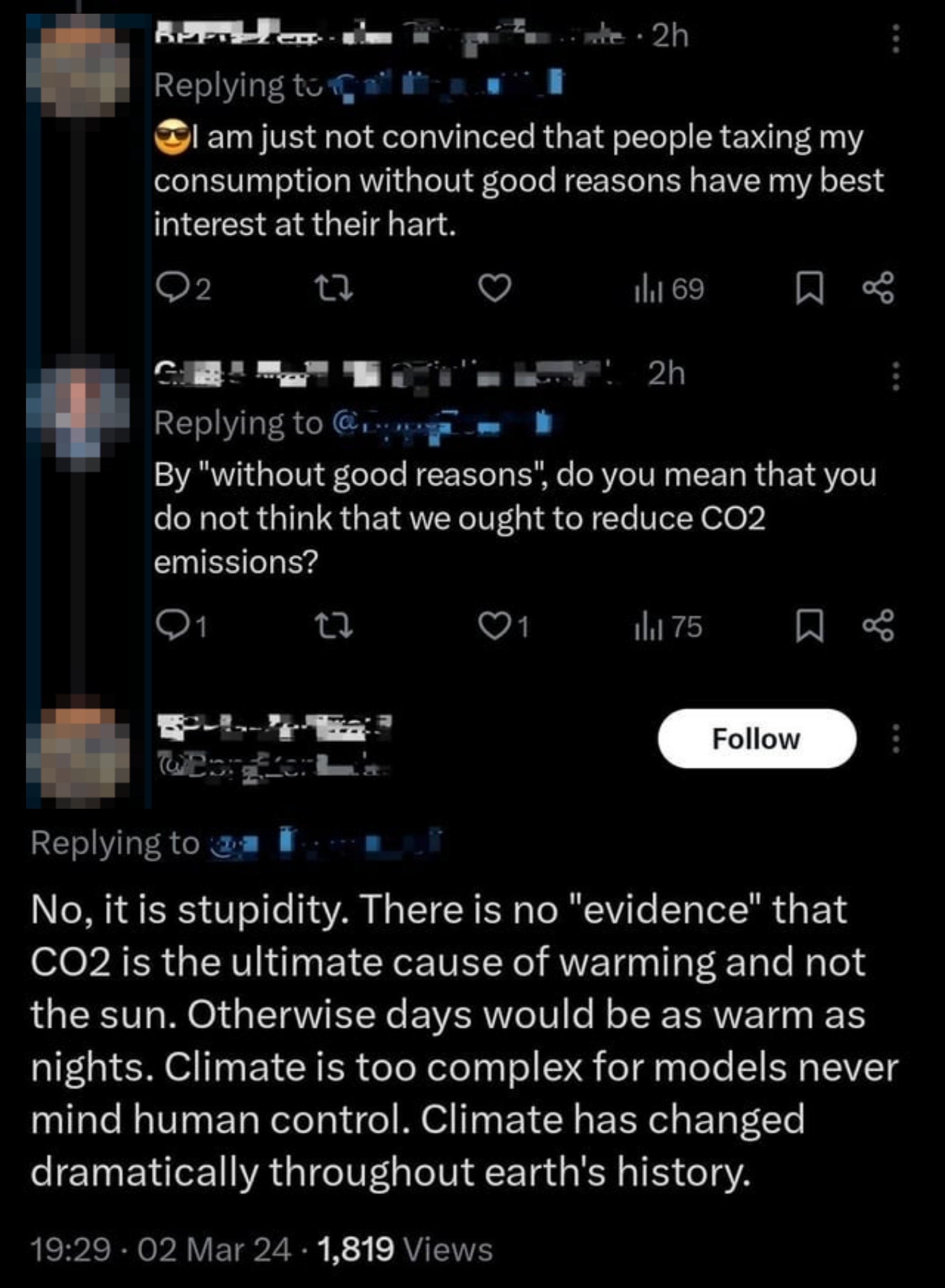 Commenter arguing there&#x27;s no evidence CO2 is the ultimate cause of global warming, otherwise days would be as warm as nights