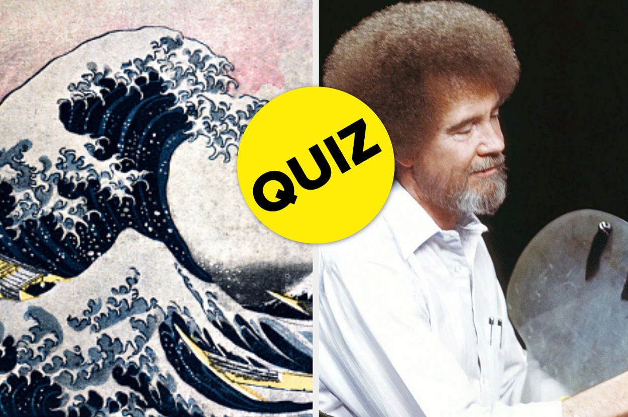 Split image: left side features The Great Wave off Kanagawa; right side features Bob Ross holding a palette. Overlayed is a yellow "QUIZ" circle