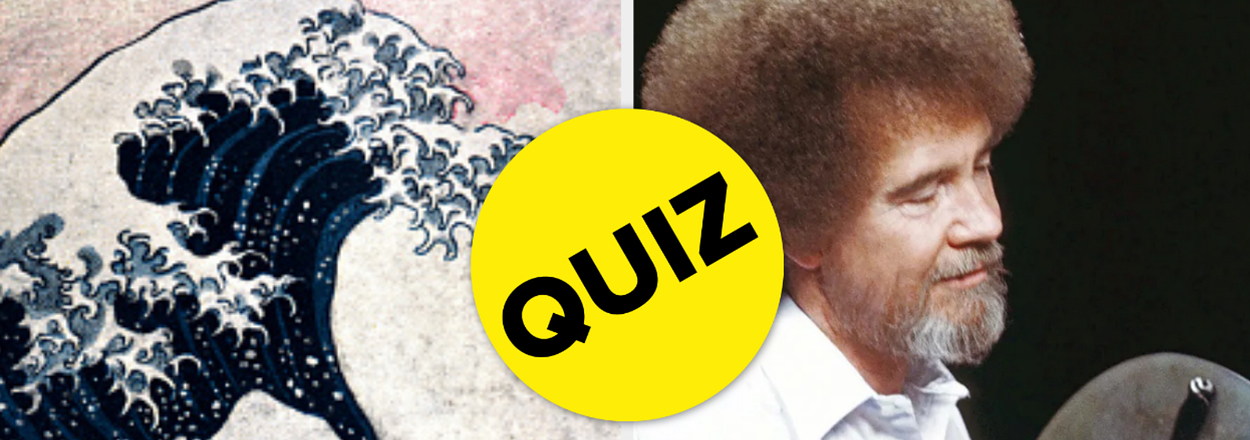 Split image: left side features The Great Wave off Kanagawa; right side features Bob Ross holding a palette. Overlayed is a yellow "QUIZ" circle