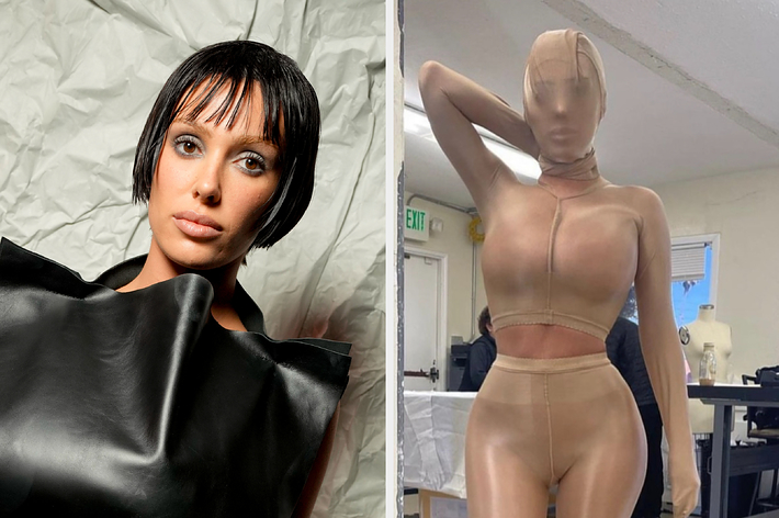 Photo split between a selfie of a woman with a black bob haircut and a mannequin in a beige bodysuit