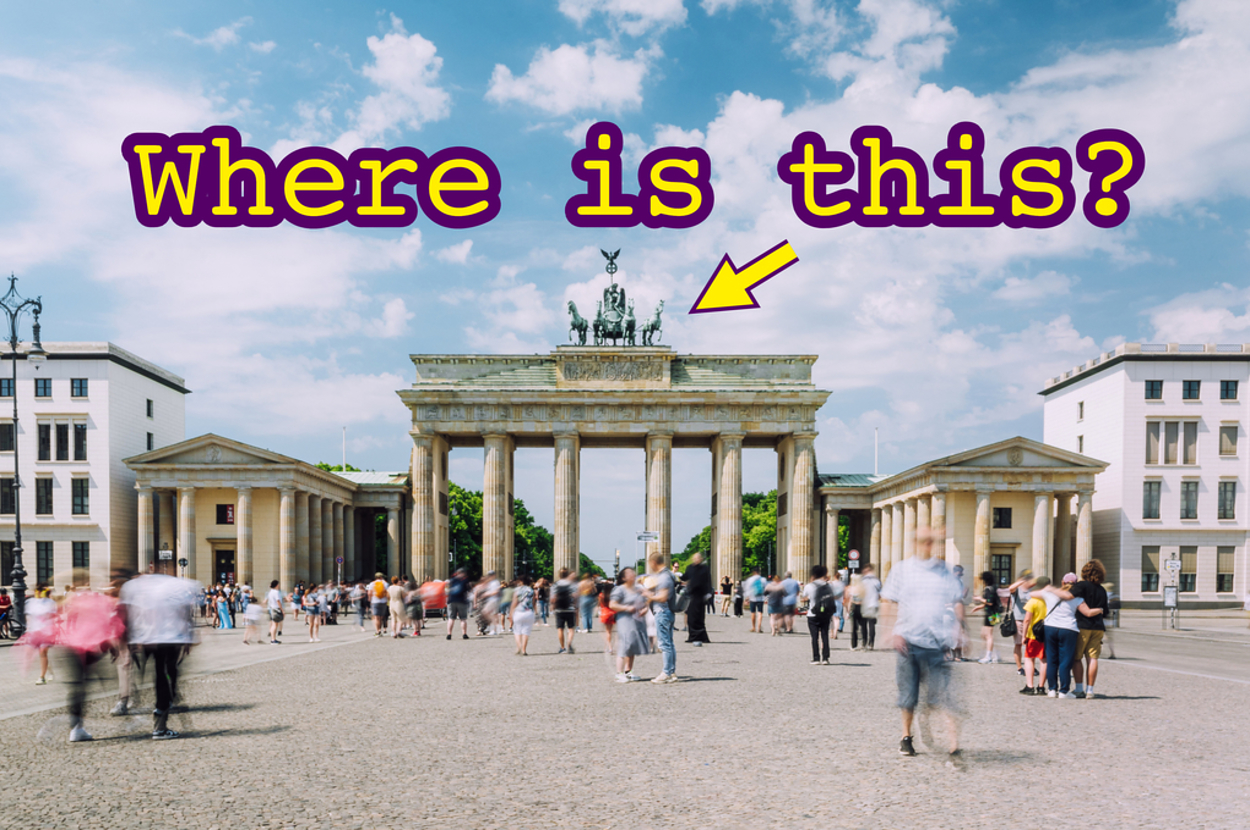 Crowd of people in front of the Brandenburg Gate with text "Where is this?" and an arrow pointing to the landmark