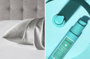 Silk pillow and skincare serum bottle on a table, emphasizing luxury comfort and beauty essentials