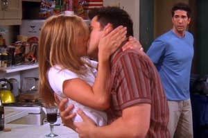Rachel and Joey kissing in the kitchen while Ross looks on, surprised
