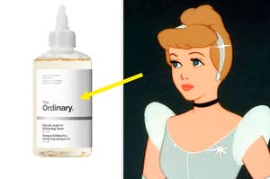 Cinderella in her ball gown looking pensive beside a bottle of The Ordinary skincare product