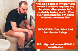 Man sitting on toilet looking perplexed with humorous marriage-related quote on image