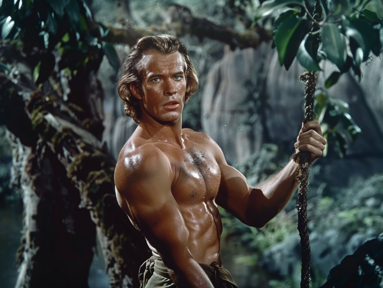 Shirtless man posing as Tarzan with a vine in a jungle setting