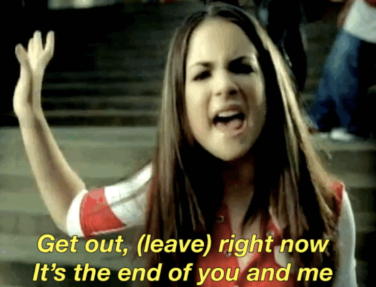 JoJo in her &quot;Leave (Get Out)&quot; music video, with caption &quot;Get out, leave right now, it&#x27;s the end of you and me&quot;