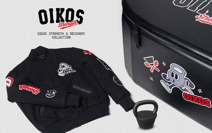 Promotional items from OIKOS Strength &amp; Recovery collection, including a branded jacket and workout gear