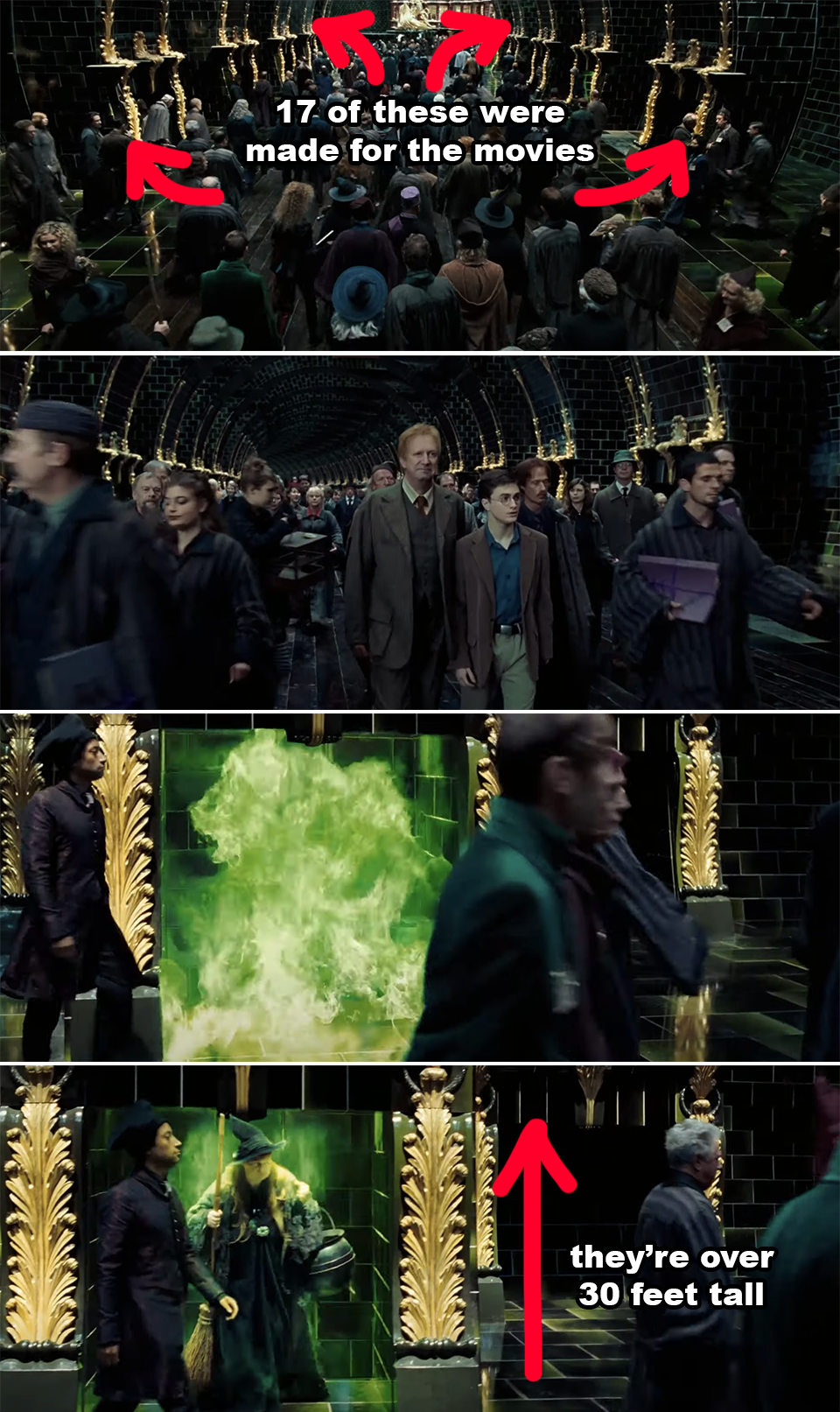 Image from a Harry Potter film showing the interior of the Ministry of Magic with actors walking among large, ornate pillars and green magical flame
