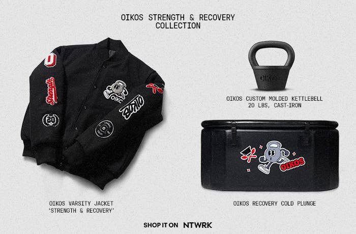 Oikos Strength &amp; Recovery collection ad, featuring a varsity jacket, kettlebell, and cold plunge, all with Oikos branding