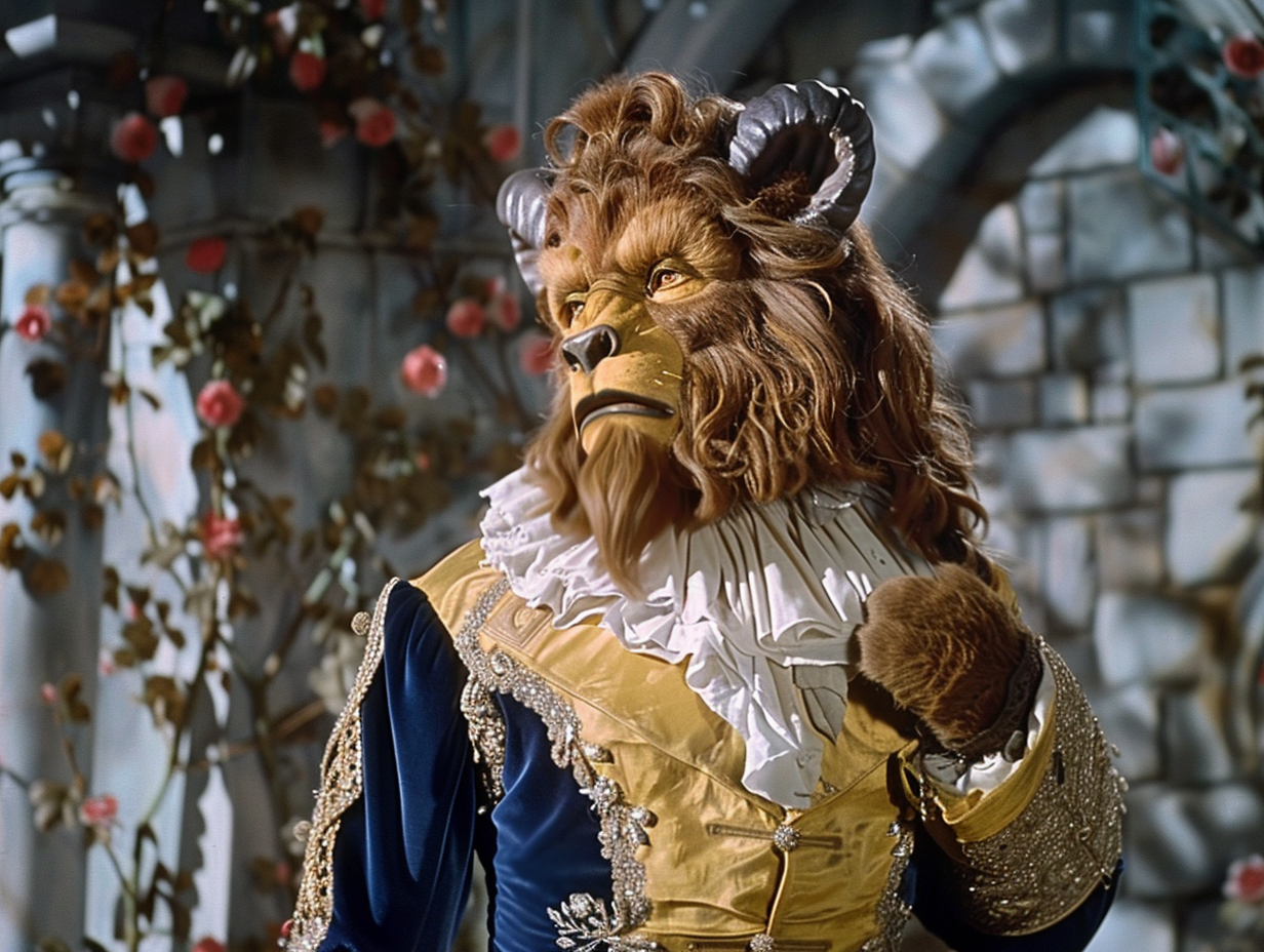 Character Cowardly Lion from The Wizard of Oz in costume with a backdrop of stone walls and roses