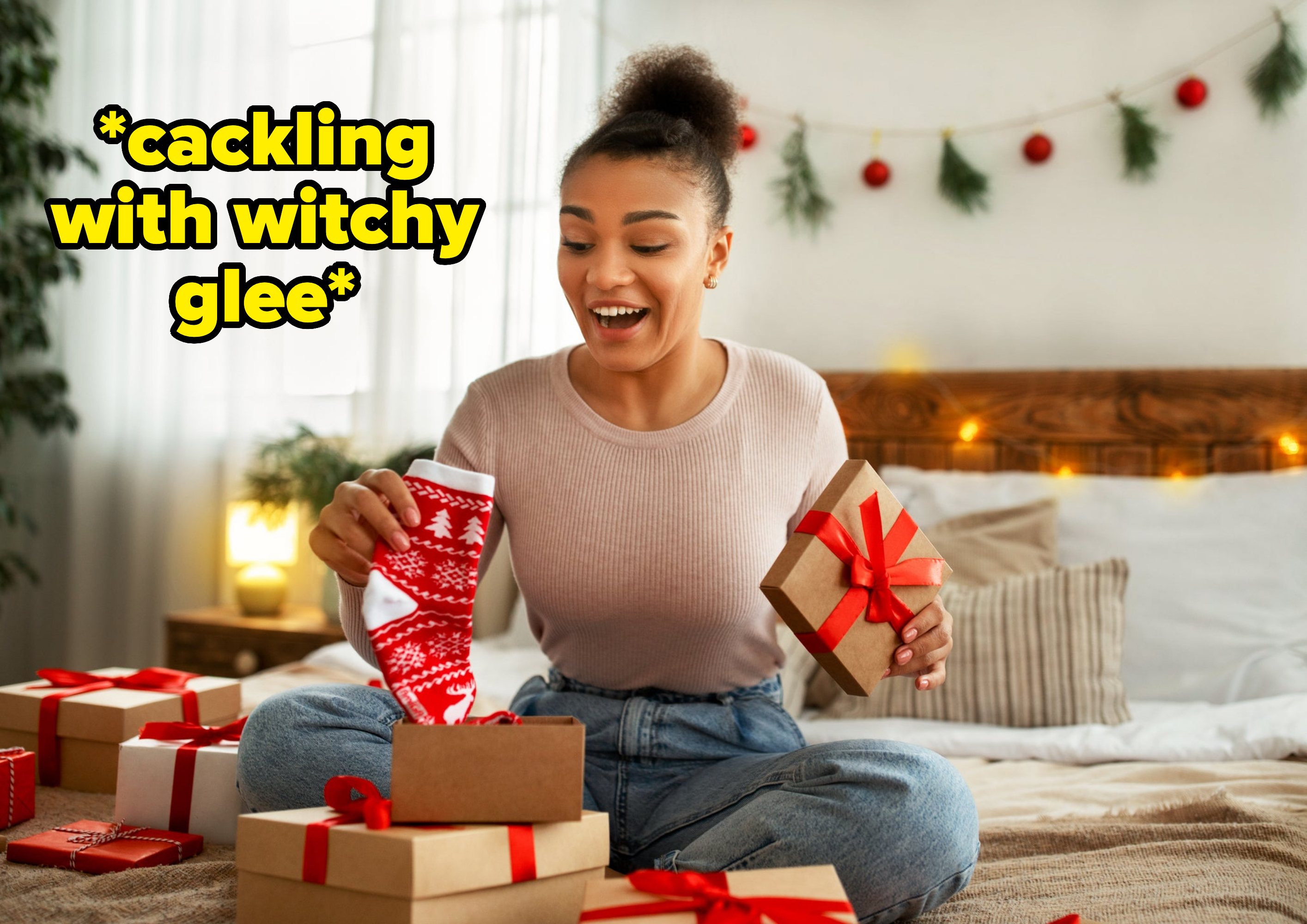 Woman with gift boxes, excitedly looks at a holiday stocking in a festively decorated room