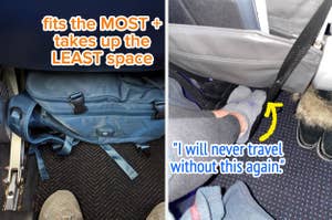 A reviewer's blue backpack fit underneath a plane seat and another reviewer using a foot hammock on the plane
