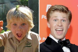 Split image: Left shows Bindi Irwin as a child in uniform; right shows Robert Irwin in a tuxedo on a red carpet