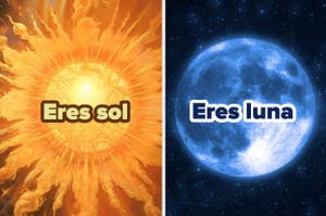 Imagen dividida en dos: un lado muestra el sol con texto "Eres sol" y el otro la luna con "Eres luna"