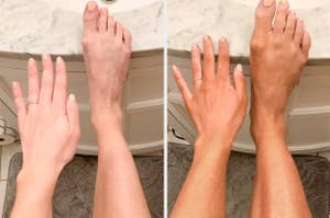 L: a reviewer's hand and leg, R: the same reviewer's hand and leg with the skin appearing slightly darker 