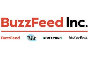 BuzzFeed Inc. logo with subsidiary logos: BuzzFeed News, Tasty, HuffPost, and First We Feast