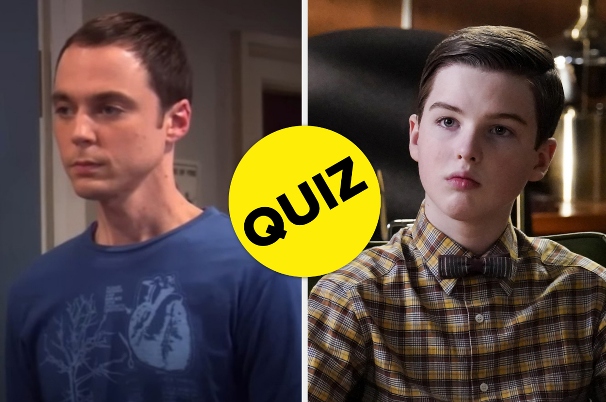 Sheldon Cooper from "The Big Bang Theory" and Young Sheldon from "Young Sheldon" with a quiz sticker