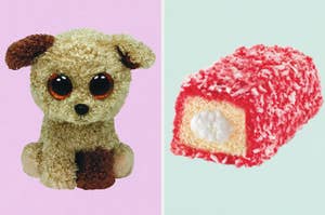 On the left, Rootbeer, a plush dog Beanie Boo, and on the right, a Raspberry Zinger snack cake