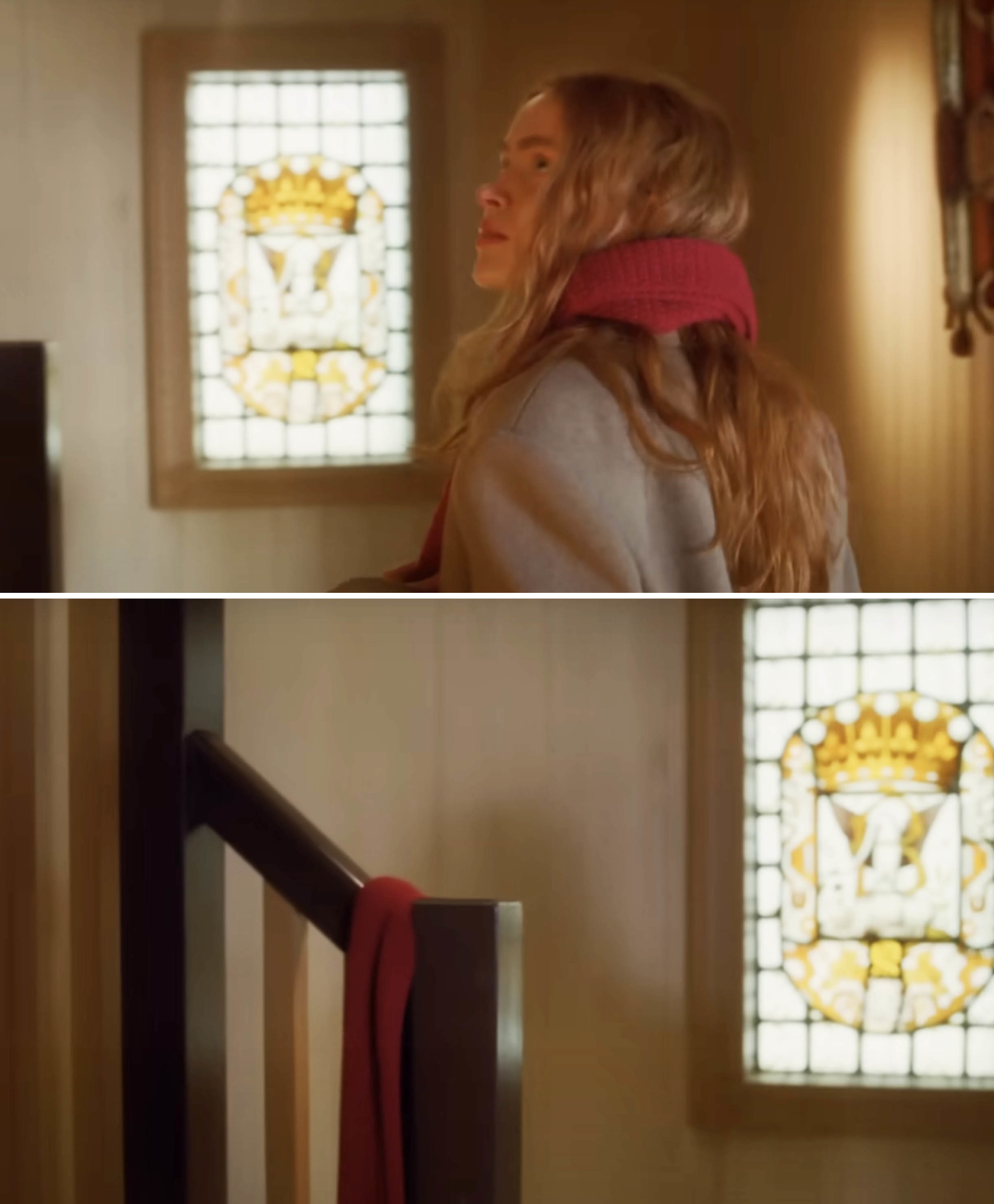 Sadie Sink in the All Too Well Short Film walking and hanging up a red scarf on a banister