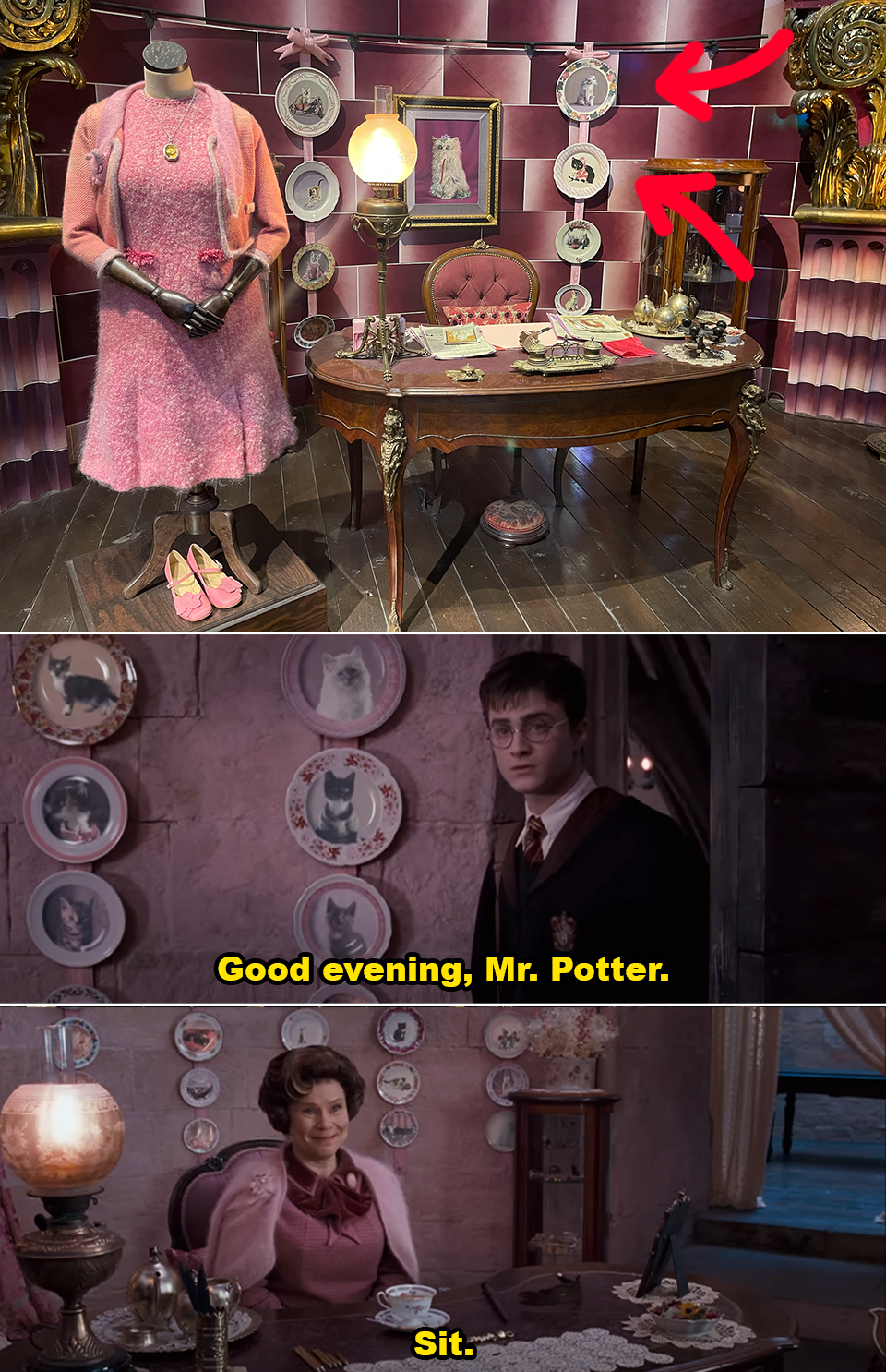 Dolores Umbridge stands in an office adorned with cat plates; below, Harry Potter faces her. A speech bubble commands, &quot;Sit.&quot;