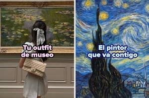 Meme de comparación, izquierda: mujer de espaldas ante cuadro de nenúfares, derecha: "La noche estrellada" de Van Gogh