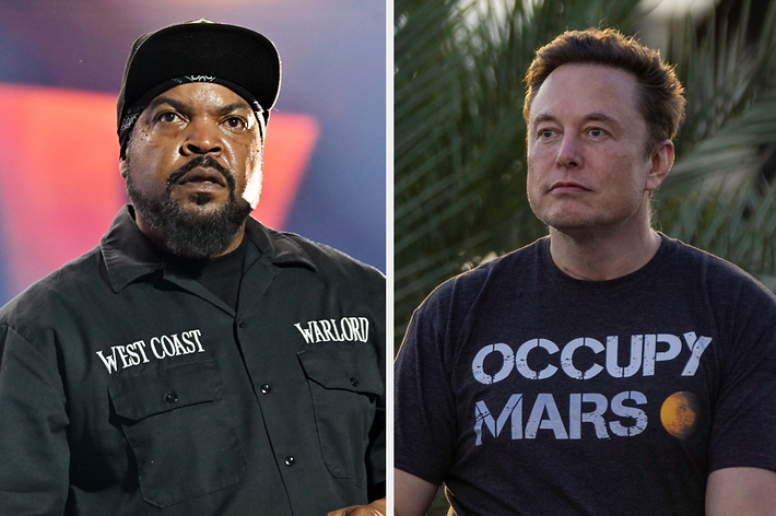 Ice Cube on the left in a black shirt with bold text; Elon Musk on the right wearing an "Occupy Mars" tee