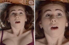 Woman lying on her back looking surprised or in awe during a personal moment