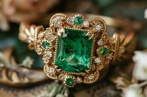 Closeup of an emerald ring with diamond accents and detailed gold setting
