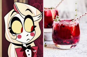 Charlie from "Hazbin Hotel" on the left; on the right, two red berry cocktails with straws and sugar rims
