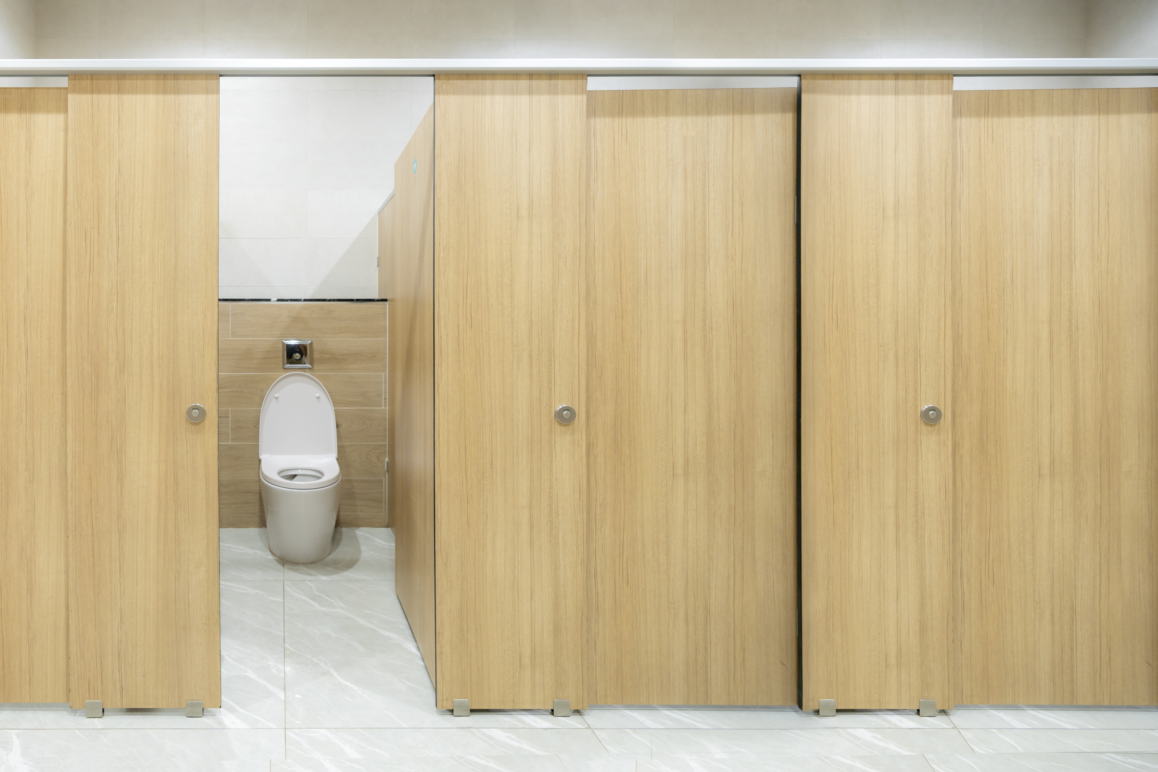 Open bathroom stall door reveals a toilet