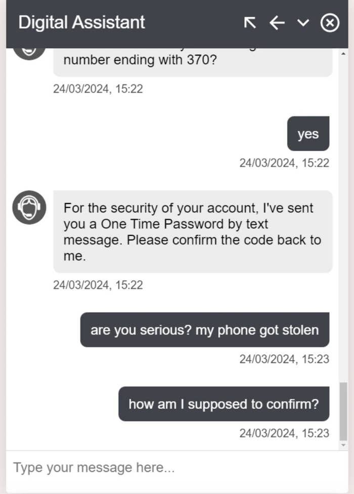 Screen capture of a text message exchange where one party requests a security code and the other informs their phone was stolen