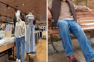 Left: Mannequins in a store displaying casual outfits. Right: Person sitting on a bench in layered clothing