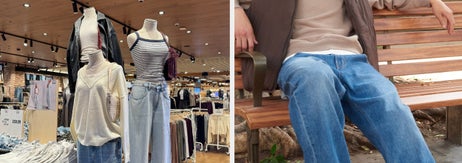 Left: Mannequins in a store displaying casual outfits. Right: Person sitting on a bench in layered clothing