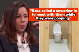 Woman reacts to text about awkward work situation, juxtaposed with an image of a toilet