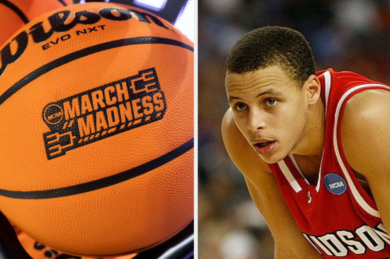 Wilson basketball that says "March Madness" and Steph Curry in uniform.