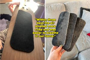 Two images side by side: a charcoal filter attached to a fan blade and a hand holding three dirty filters with a quote on the image "within three days the air smelled more crisp and was easier to breathe in our home"