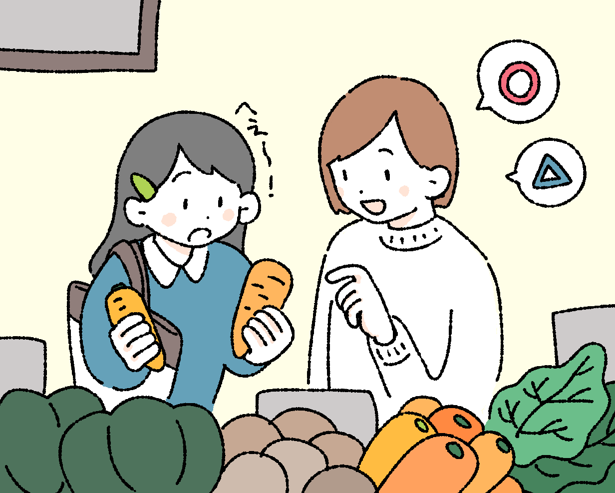 二人の女性が野菜とパンを手に持ち、おしゃべりしているイラスト。