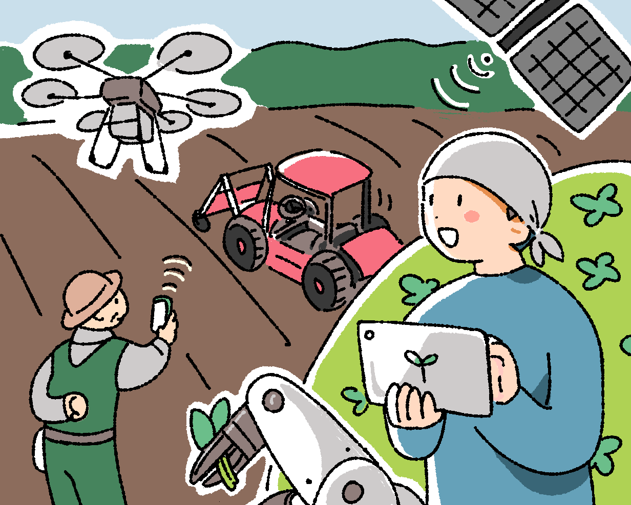 農業のテクノロジーがテーマのイラスト。無人農機と農業ロボット、ドローン、タブレットを使う農家の姿が描かれています。