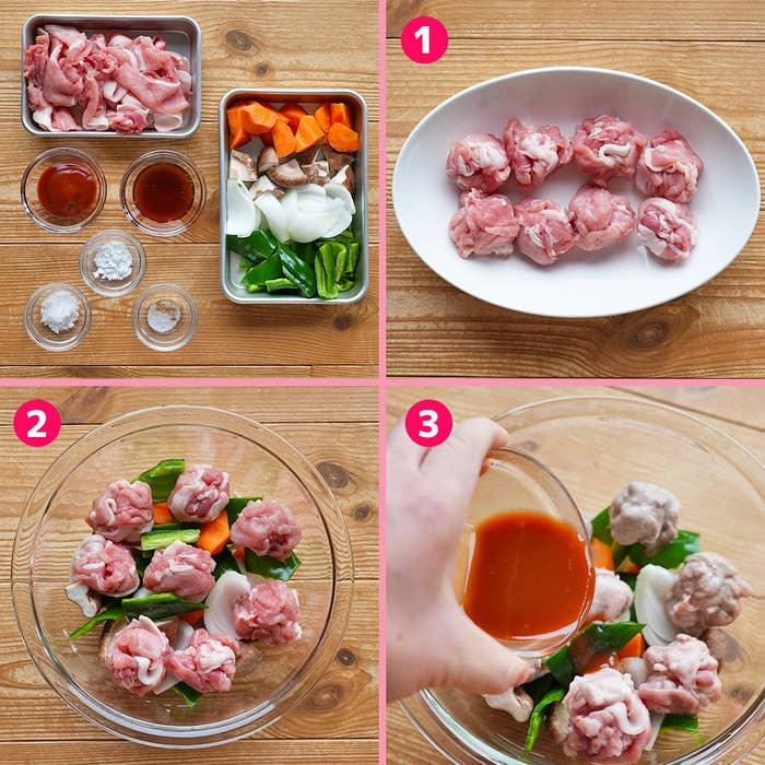 調理手順を示す画像。上段左に肉と野菜の材料、右に肉を皿に。下段左にボウルに入れた材料、右に液体を注ぐ。