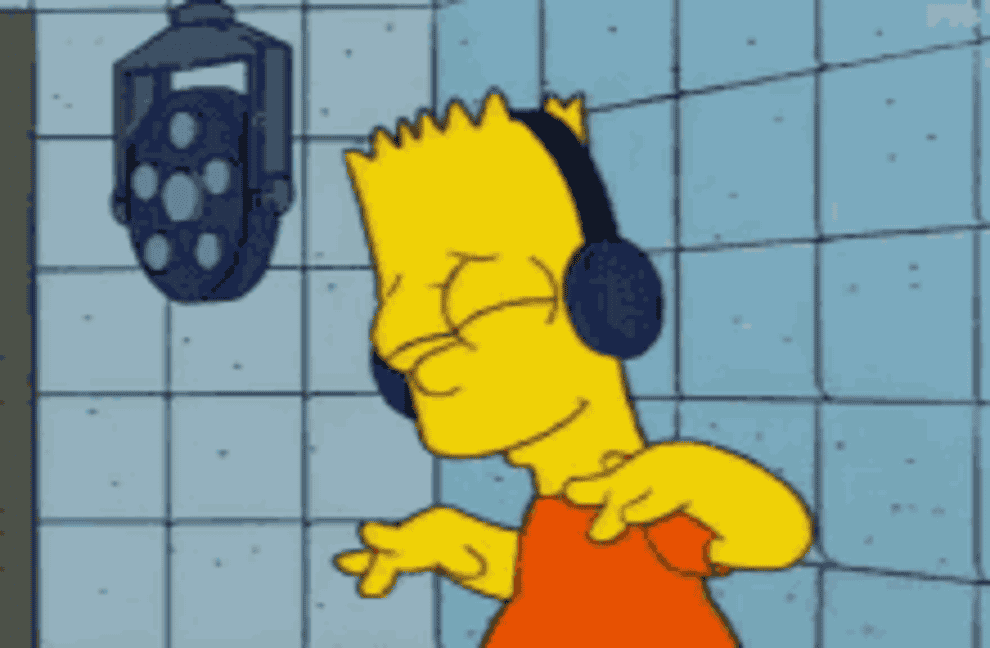 Bart Simpson dancing with headphones on, light shining from above