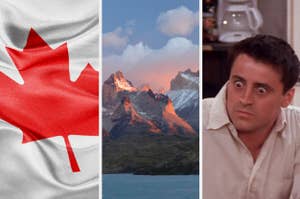 Collage with Canadian flag, mountain sunrise, and character Joey from Friends looking surprised