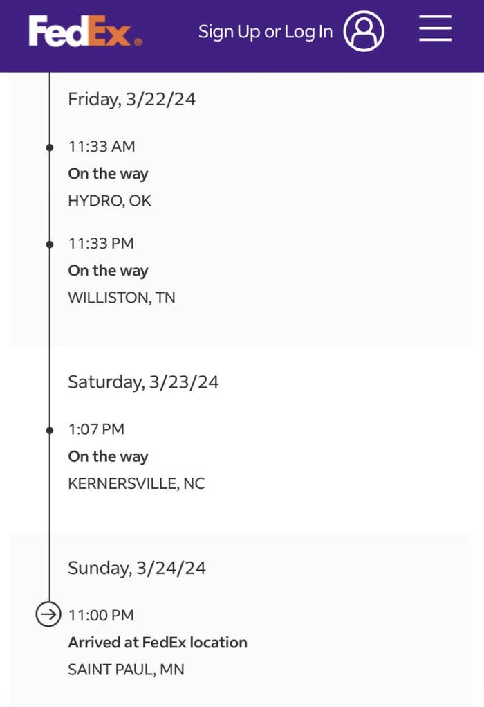 FedEx tracking status showing a package in transit with times and dates for anticipated delivery, going from Oklahoma to Tennessee and North Carolina and then to Minnesota