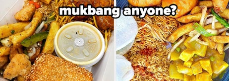 Two takeout containers filled with various Asian dishes; the text reads 'mukbang anyone?'