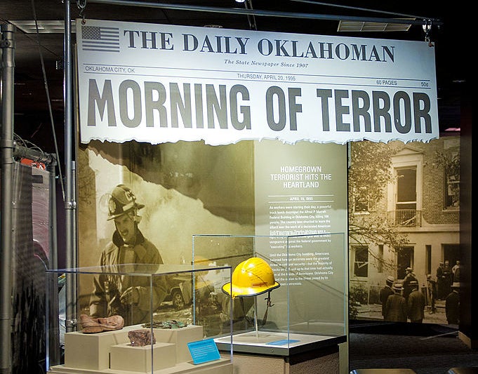 Exhibit display at a museum featuring &quot;The Daily Oklahoman&quot; headline on the Oklahoma City bombing