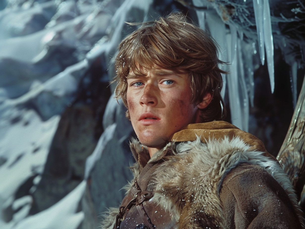 Luke Skywalker portrayed by Mark Hamill in a fur-collared jacket, with an ice background, in a scene from Star Wars